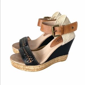 Pikolinos wedge ankle strap leather open toe sandals black & brown 6